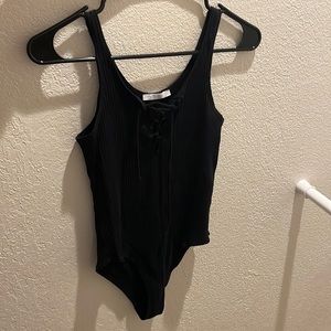 Zara Ribbed Black Bodysuit With Lace-Up Front